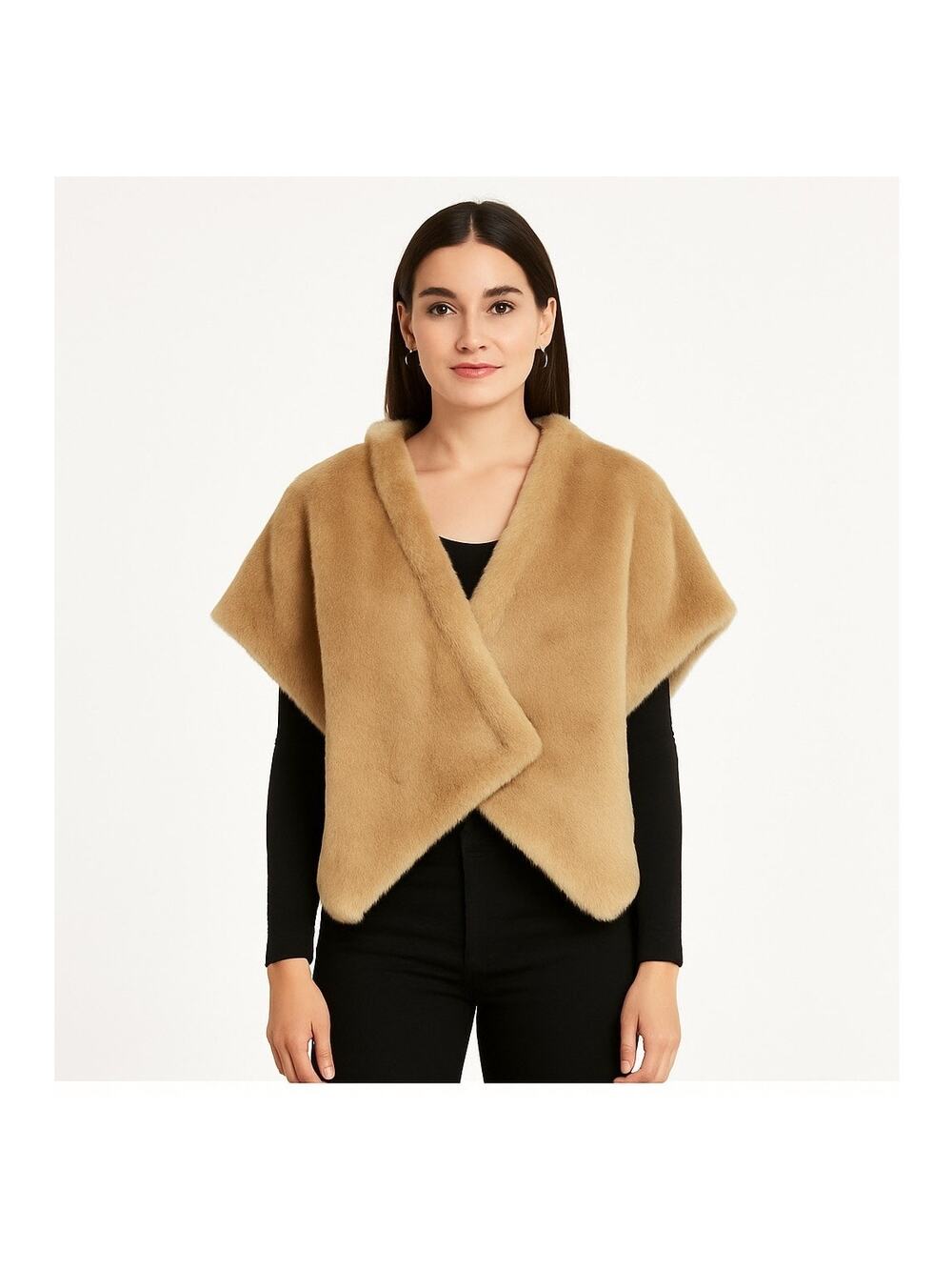 2000s Sisley Tan Faux Fur Shawl Wrap Poncho Cape Size small oversized